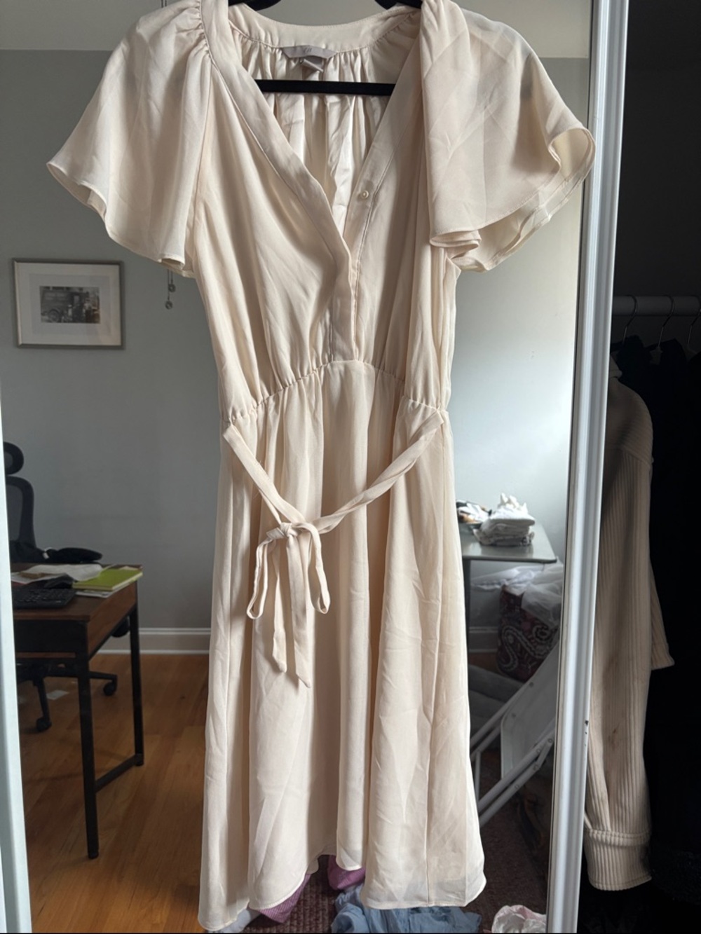 H&M Soft Cream Tie-Waist Midi Dress